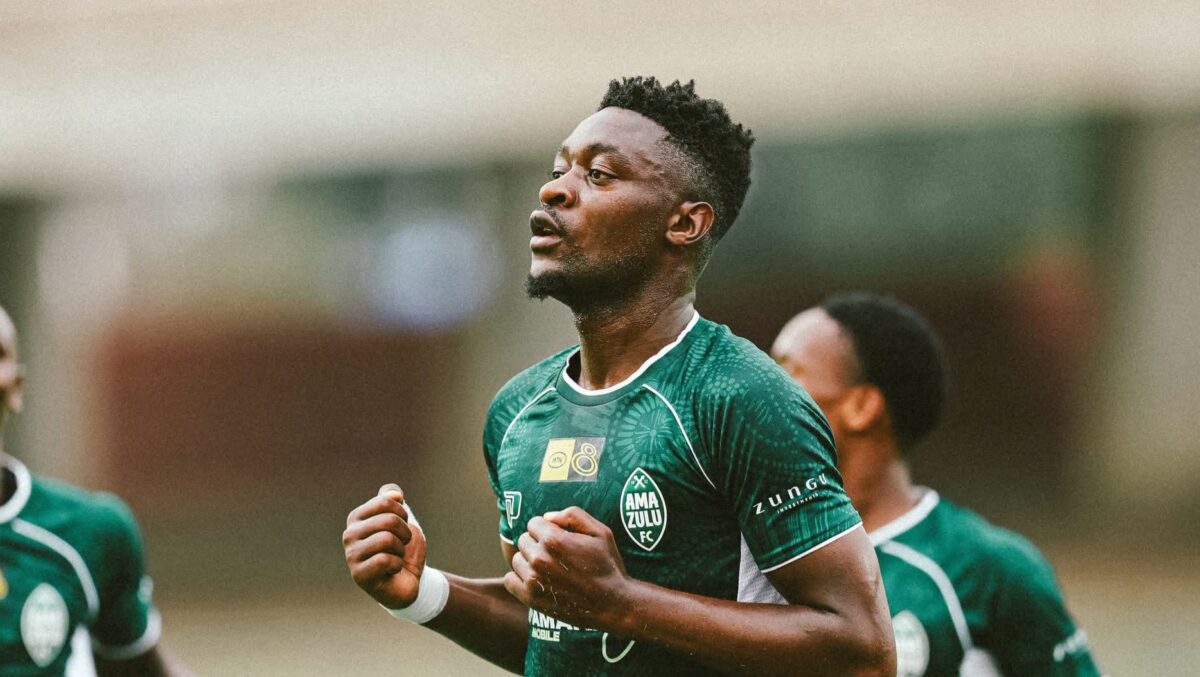 Thandolwenkosi Ngwenya celebrating a goal for AmaZulu FC during an MTN8 match.