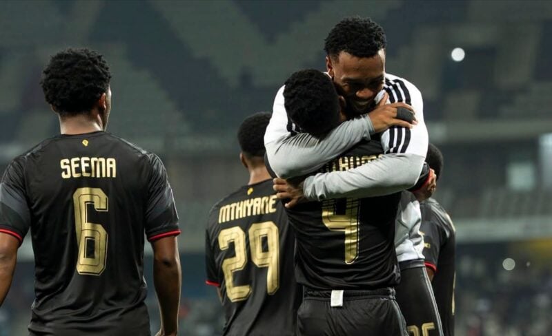 Orlando Pirates duo of Yanela Mbuthuma and Boitumelo Radiopane in celebratory mood