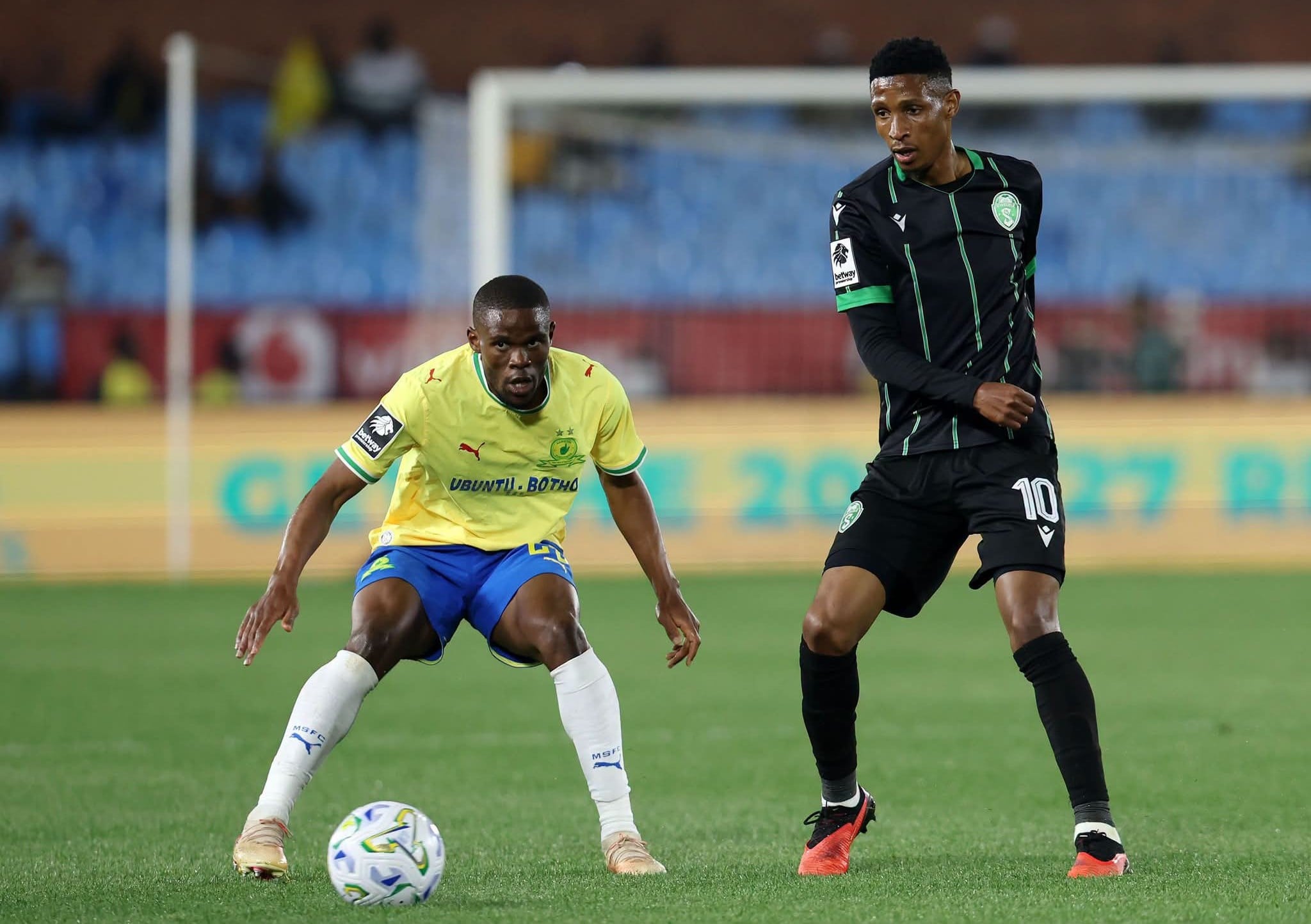 Zuko Mdunyelwa and Vincent Pule during a Betway Premiership match at Loftus Versfeld Stadium.