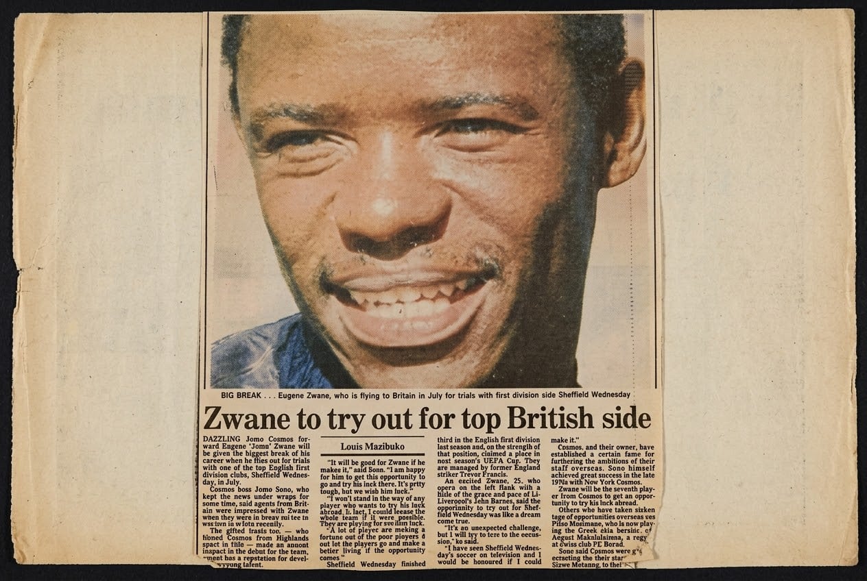 A newspaper article about Eugene Zwane's Sheffield Wednesday trial