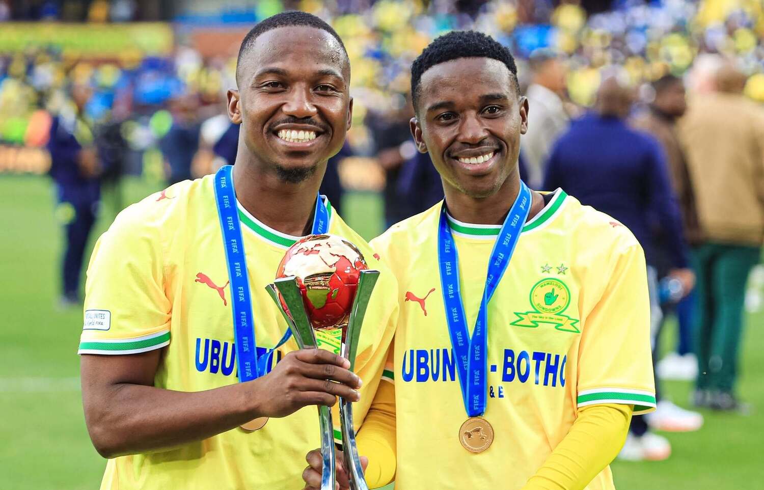 Mamelodi Sundowns attackers Cassius Mailula and Siyanda Ndlovu with the FIFA Africa-Asian-Pacific Cup