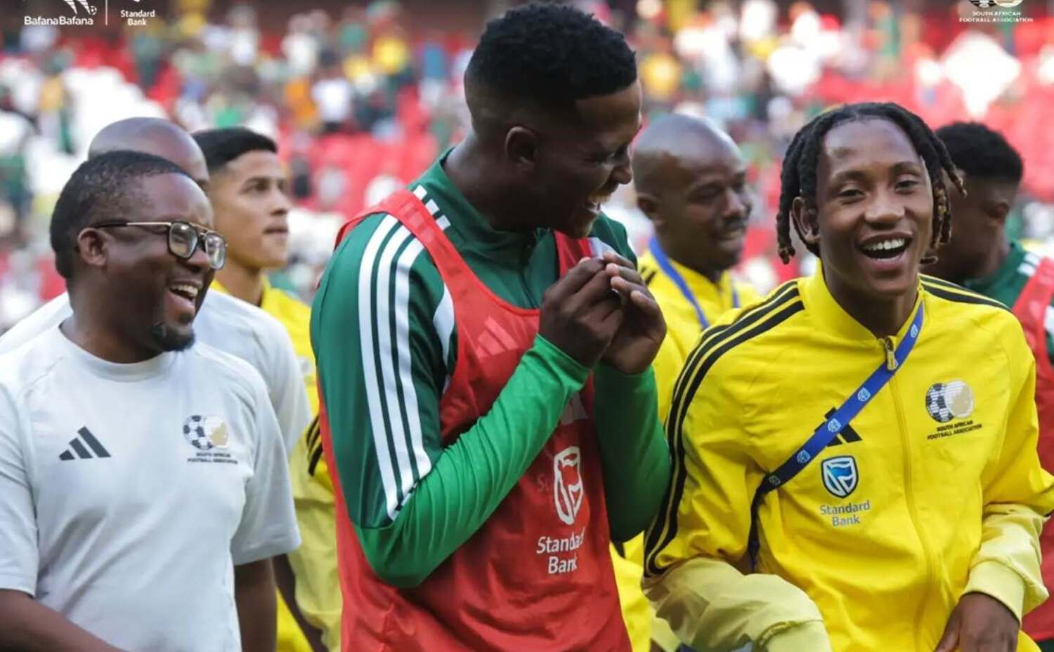 Bafana Bafana stars Khulumani Ndamane and Puso Dithejane sharing a joke