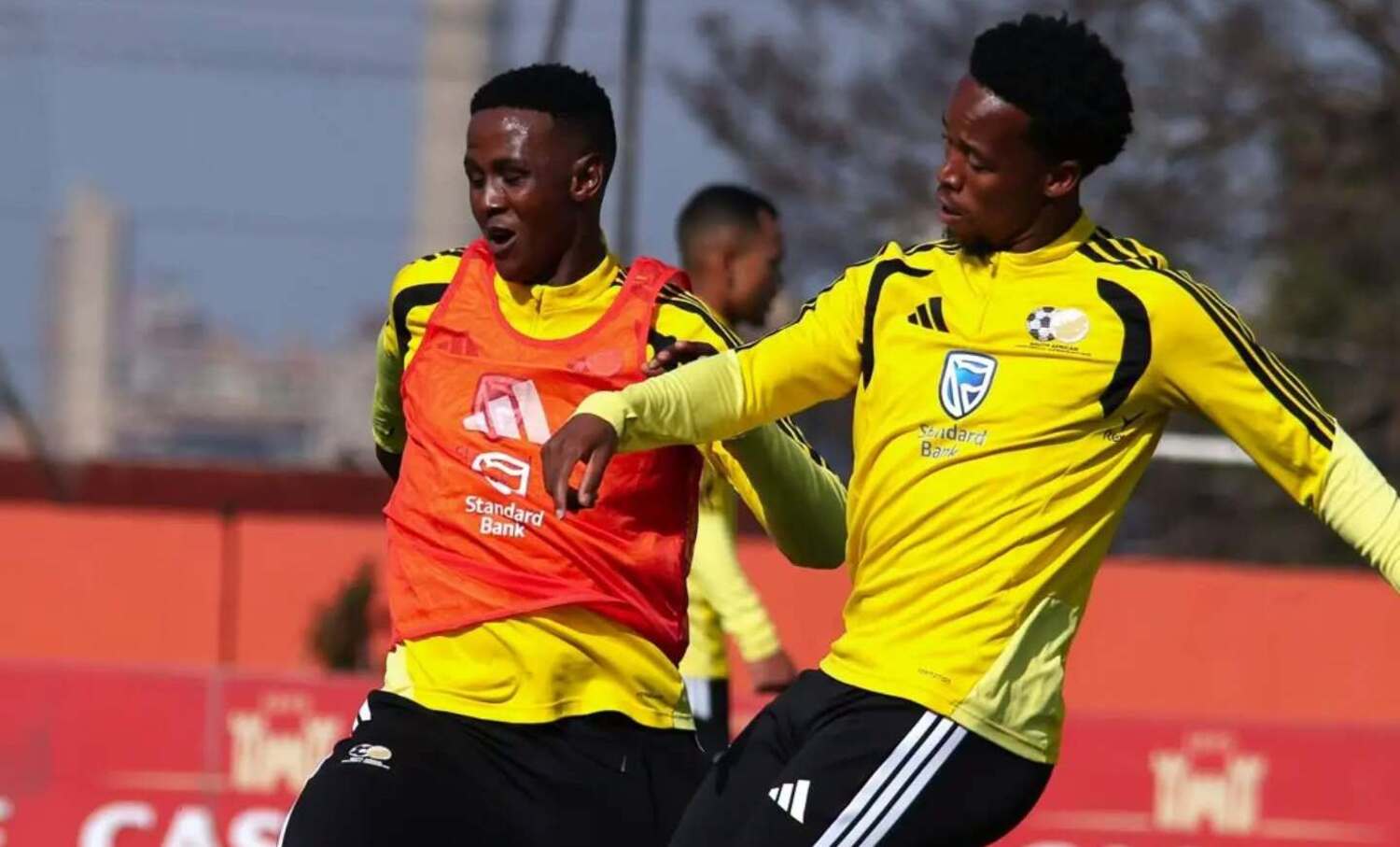 Mamelodi Sundowns defender Khulumani Ndamane and Orlando Pirates' Lebone Seema training with Bafana Bafana