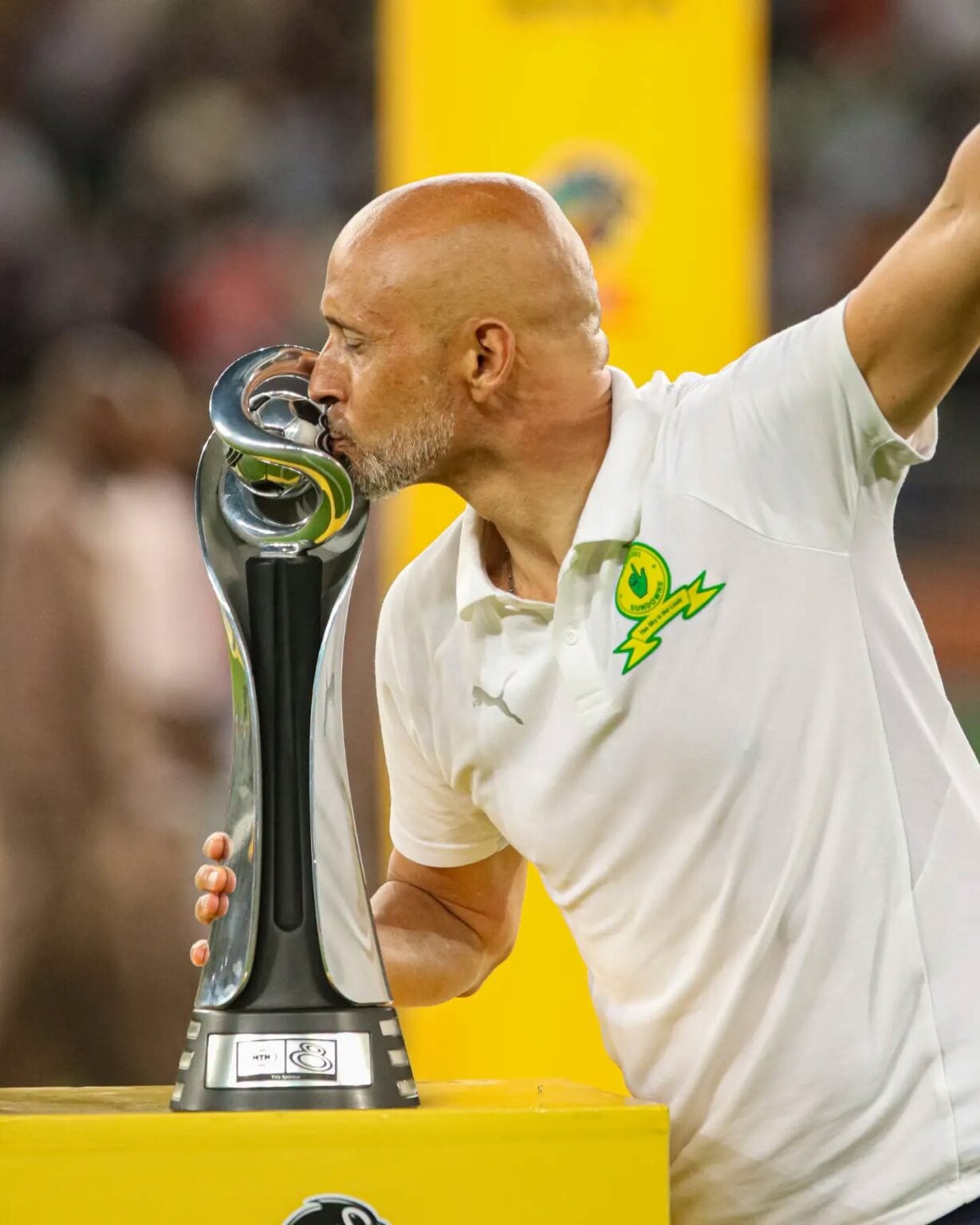 Mamelodi Sundowns head coach Miguel Cardoso with the MTN8 trophy