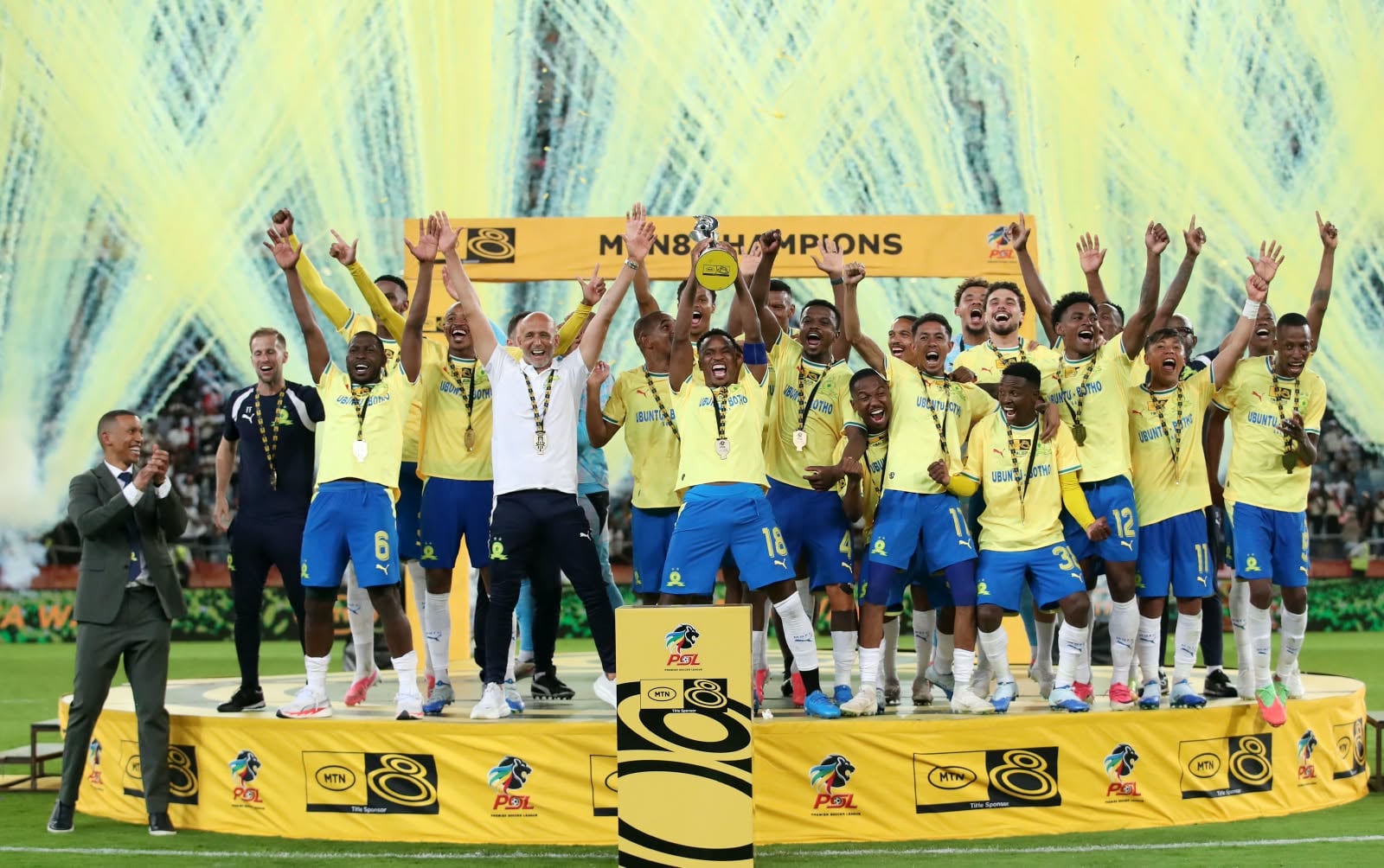 Teboho Mokoena in celebratory mood with his Mamelodi Sundowns teammates after winning the MTN8 final