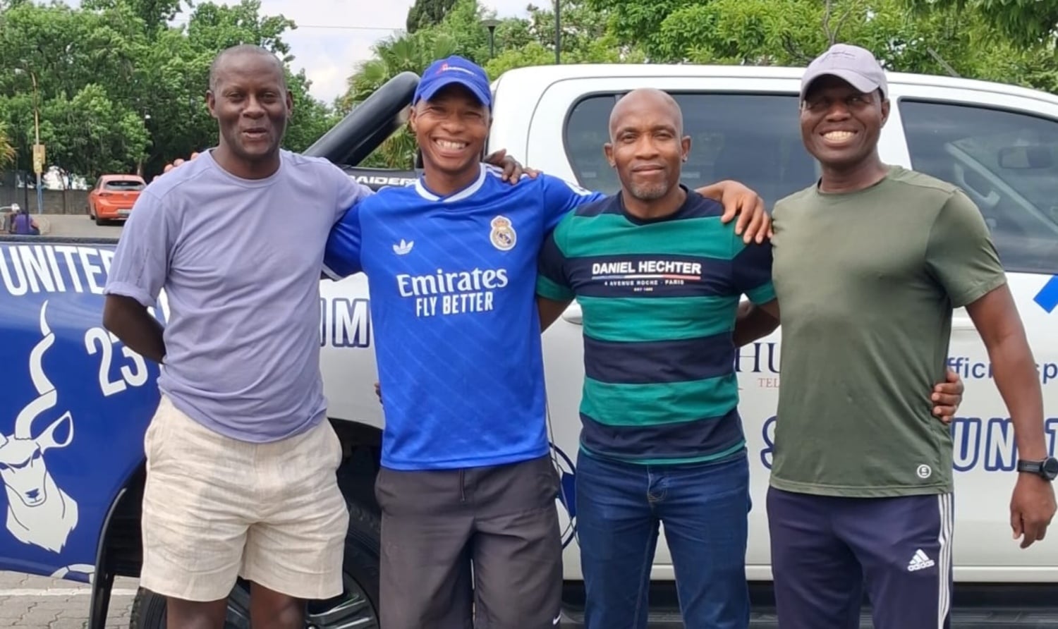 Mpho Maleka and Helman Mkhalele with coaches on their way to Lesotho