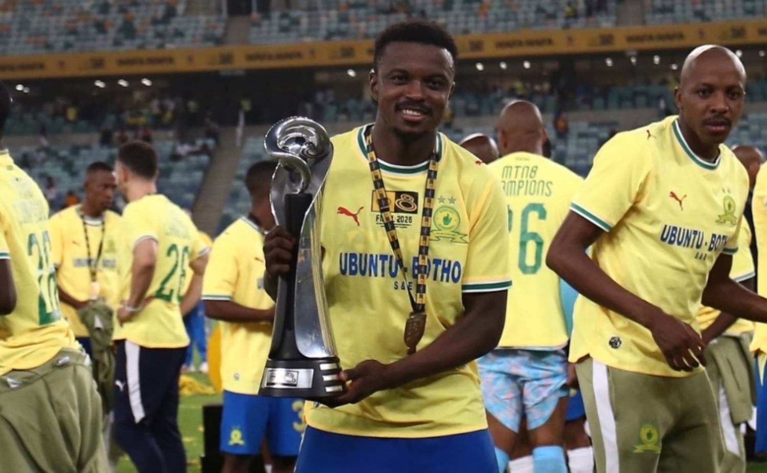 Teboho Mokoena in celebratory mood after winning the MTN8
