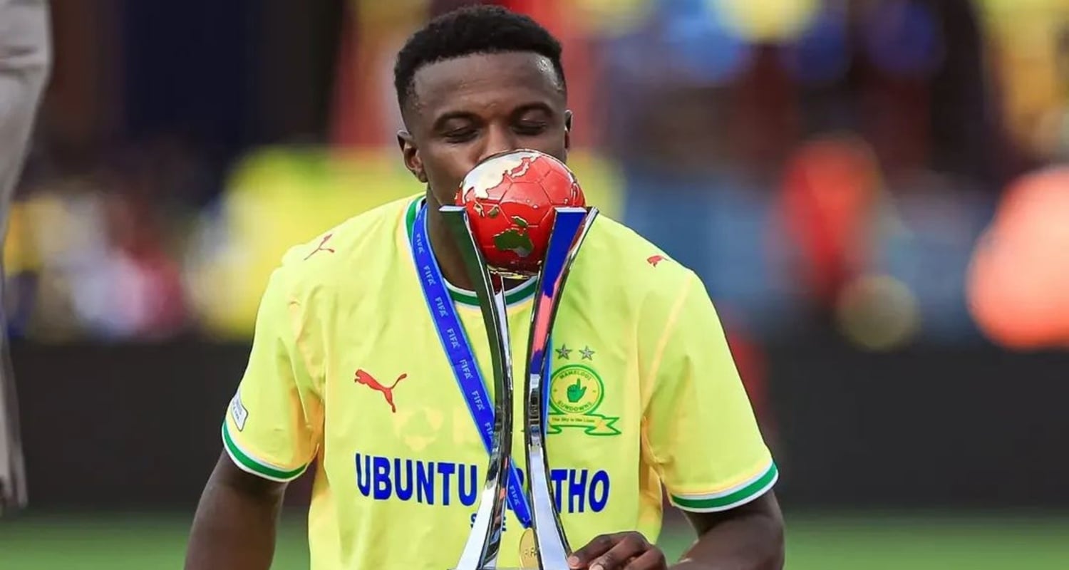 Teboho Mokoena lifting trophy with Mamelodi Sundowns