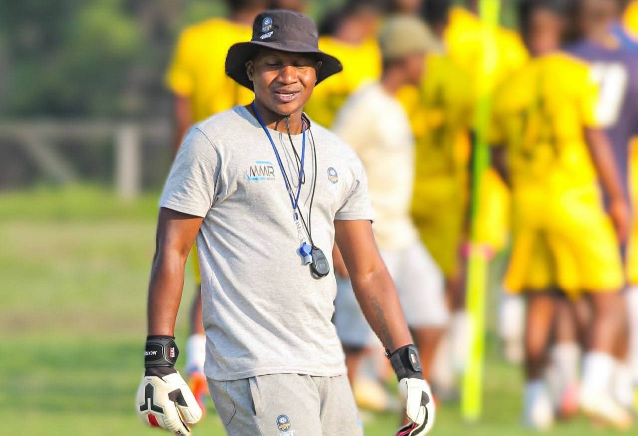 Jackson Mabokgwane sharing a joke during a training session with Phinnet City FC.