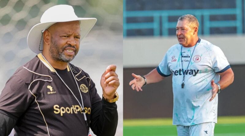 Manqoba Mngqithi and Steve Barker giving instructions for their respective teams during a training session.