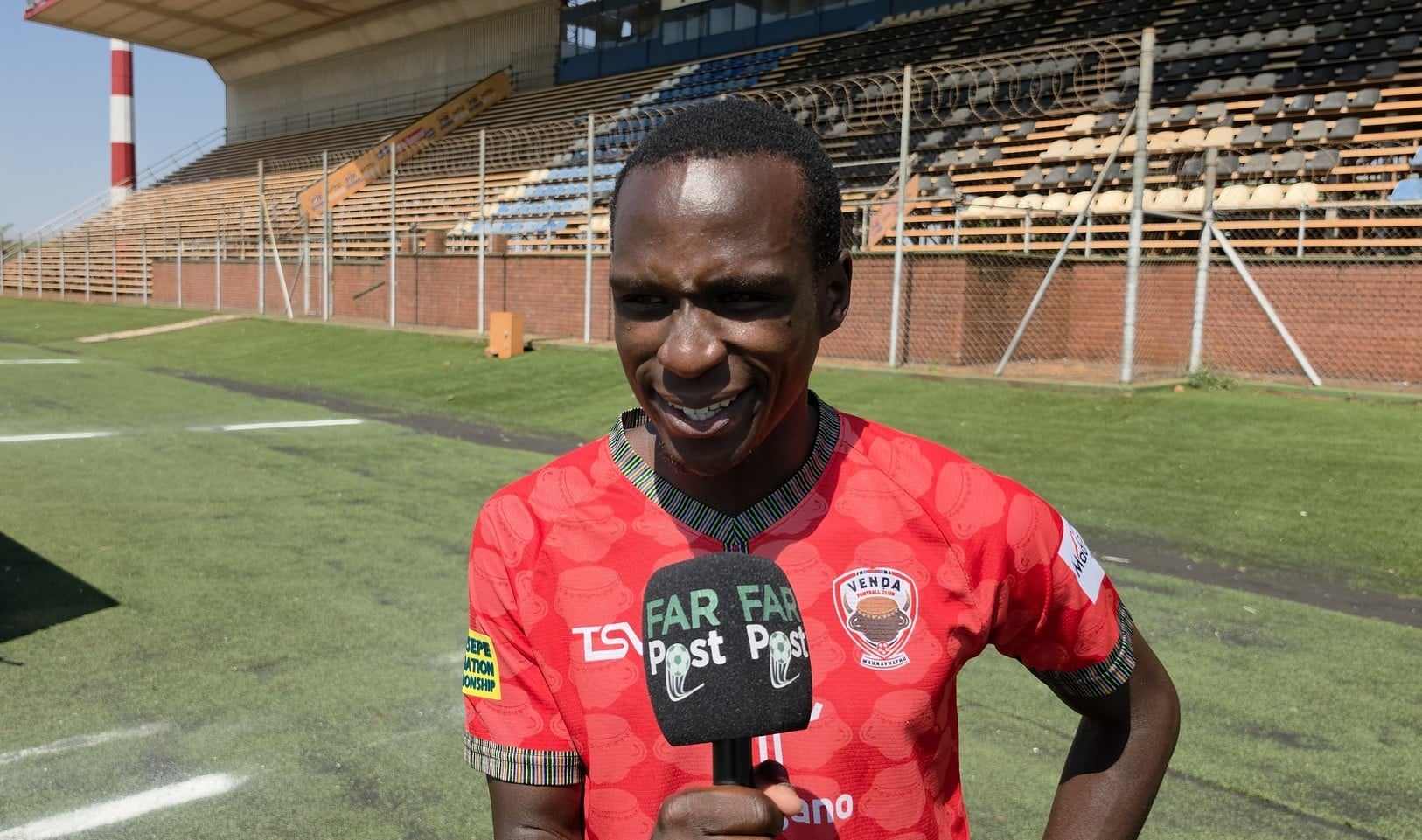 Venda FC striker Mashudu Ndou speaking to FARPost at the Thohoyandou Stadium.