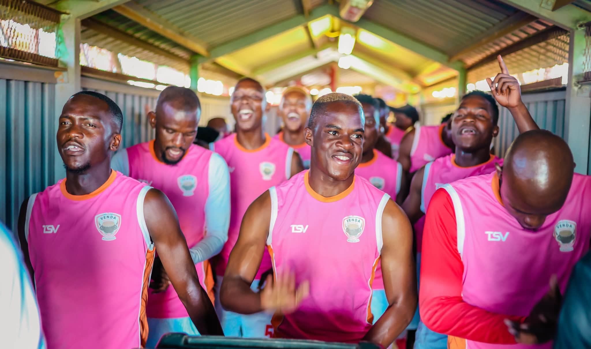 Venda FC players singing at the tunnel before a match at the Thohoyandou Stadium.
